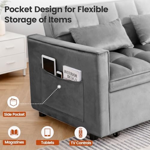 54" Convertible Sofa Bed with Adjustable Backrest, Dark Gray | Soft Velv...