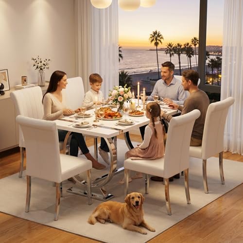 Asday 7 Piece Dining Table Set, Luxury White and Silver Dining Room Table Set...