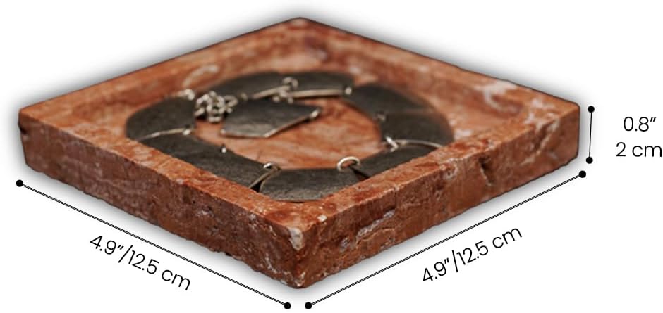 Natural Travertine Marble Square Jewelry Tray, 4.9" – Decorative Stone Accessory Dish for Rings, Earrings, Necklaces, Perfume and Keys, Gift for Women (Red)
