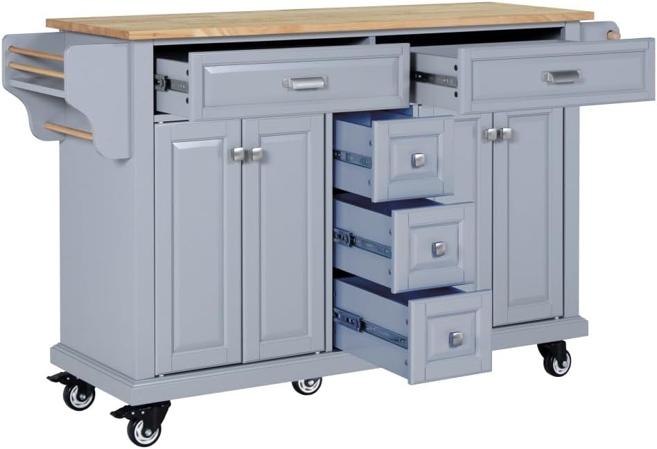 Kitchen Island with Rubberwood Top, 5 Drawers, Cabinet and Wheels, Grey | Rol...