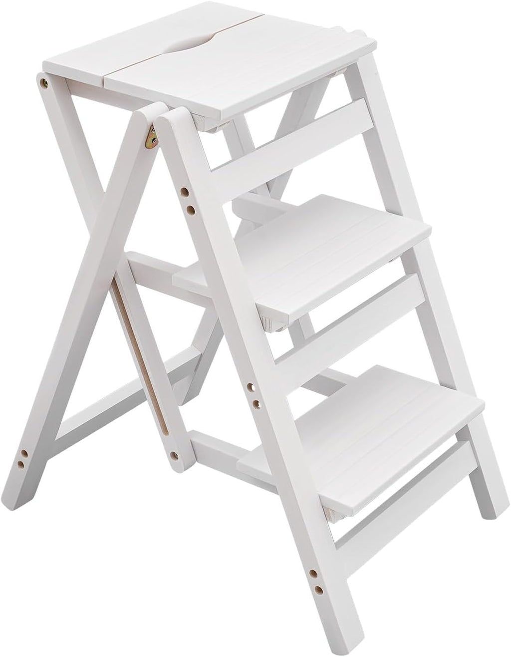 Folding Step Stool 3-Step Chair Ladder Multi-Functional Folding Solid Wood Ladder Stool Portable Wooden Step Stool for Household Kitchen and Office 220.46lbs, White