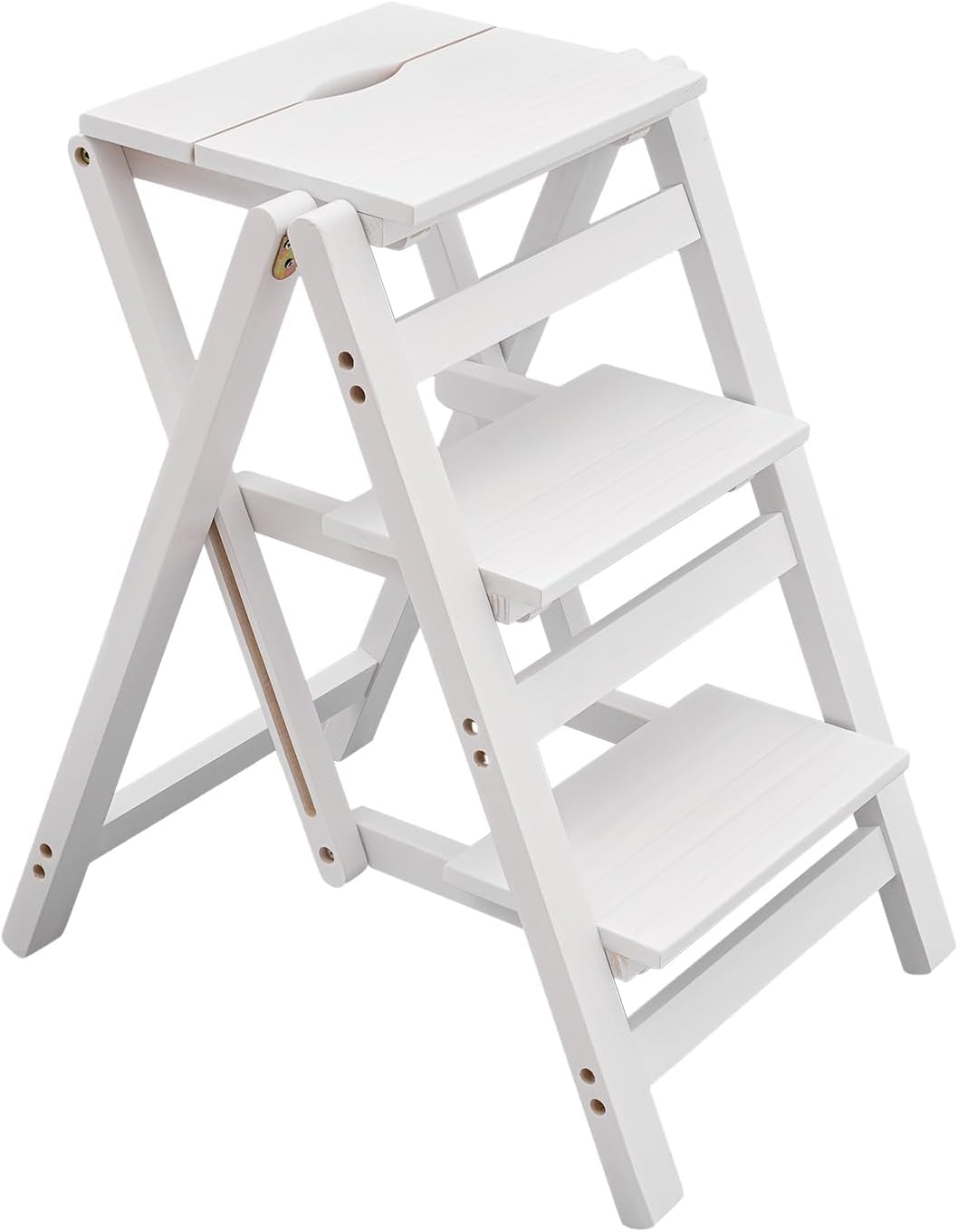 Folding Step Stool 3-Step Chair Ladder Multi-Functional Folding Solid Wood Ladder Stool Portable Wooden Step Stool for Household Kitchen and Office 220.46lbs, White