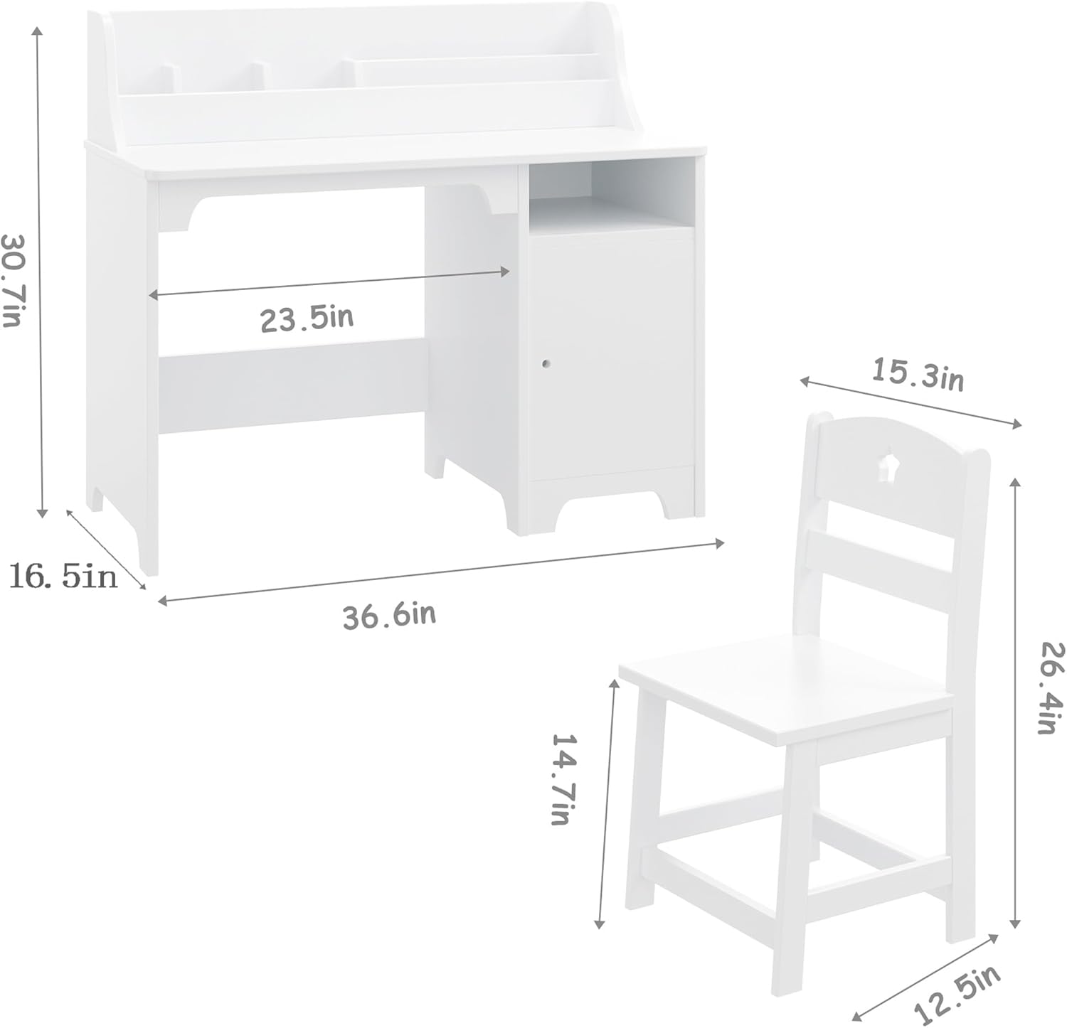 White Kids Desk with Chair, Study Desk for Boys Girls with Hutch, Storage Cabinet, Wooden Children Study Table, Student Writing Desk Computer Workstation for Kids Bedroom & Study Room,White