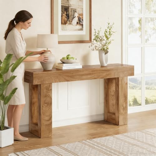 LITTLE TREE 63 Inches Long Console Table for Entryway, Sofa Table Behind Couch, Wooden Entry Table Foyer Hallway Table, Industrial Console Sofa Table for Living Room, Oak Color