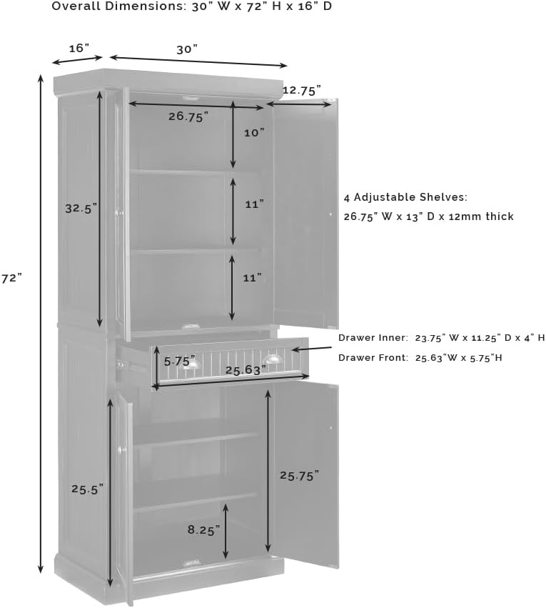 Crosley Furniture Seaside Coastal Pantry Storage Cabinet with Shelves, Kitche...