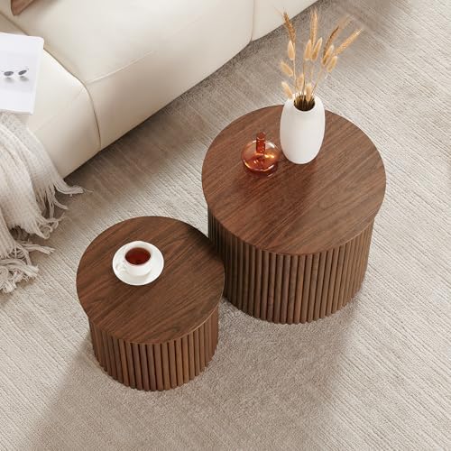AVZEAR Round Nesting Coffee Table Set of 2, Small Fluted Coffee Table Circle ...