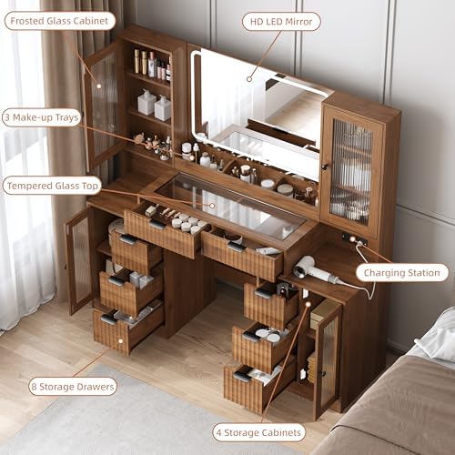 55" Vanity Desk with Mirror & Lights, Fluted Makeup Vanity with 8 Dr...