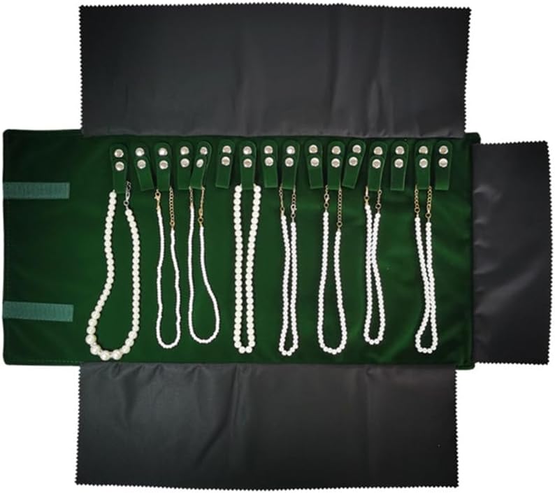 Premium Jewelry Roll Organizer for 16 Necklaces 55cm x 29cm Metal Snap & Velcro Closure - Ideal for Travel and Storage (Green)
