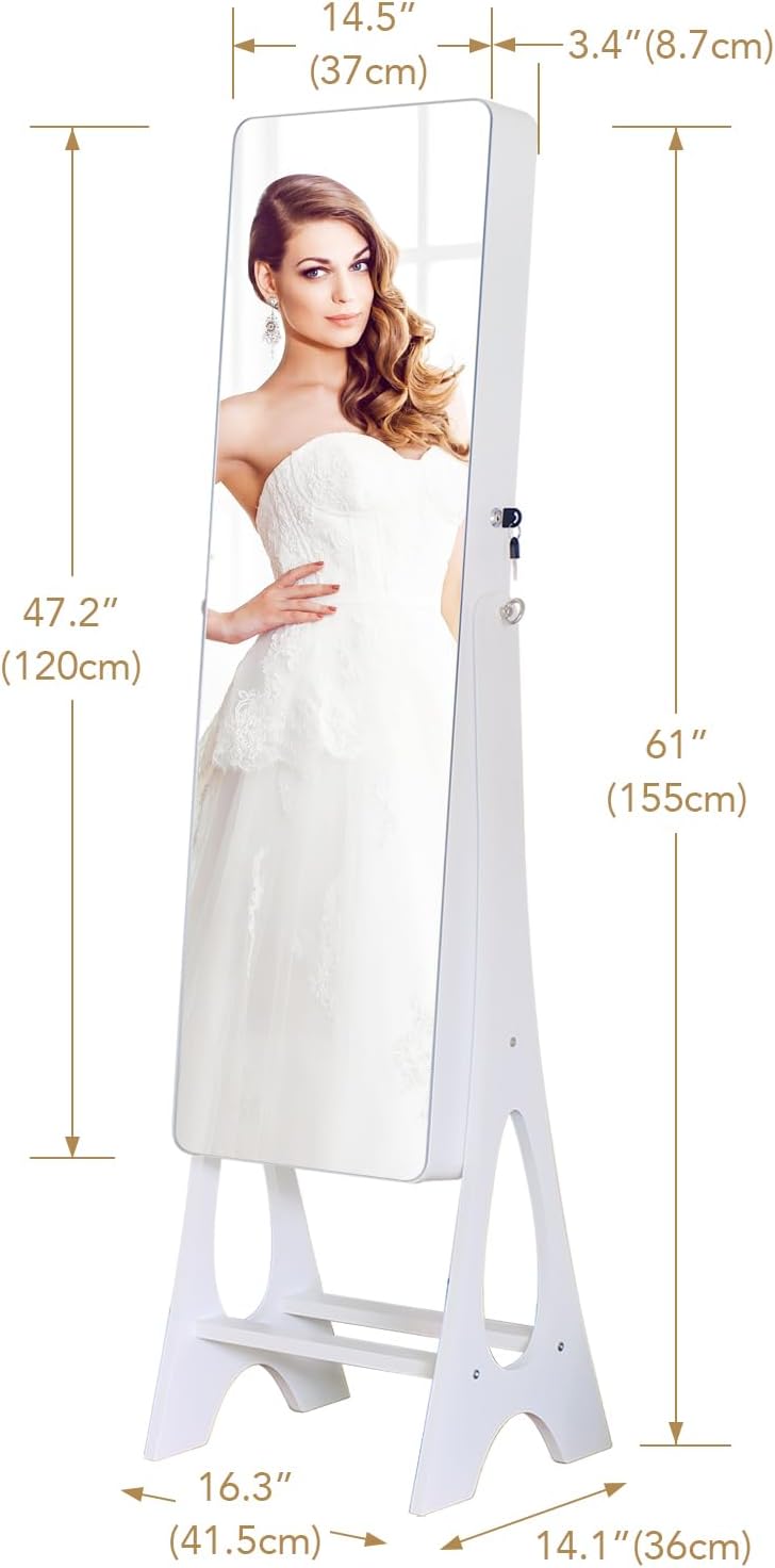 Full Length Mirror Jewelry Armoire Cabinet Standing Organizer | Lockable Jewelry Storage for Women Girl Full-Length Frameless LED Lights 6 Drawers White