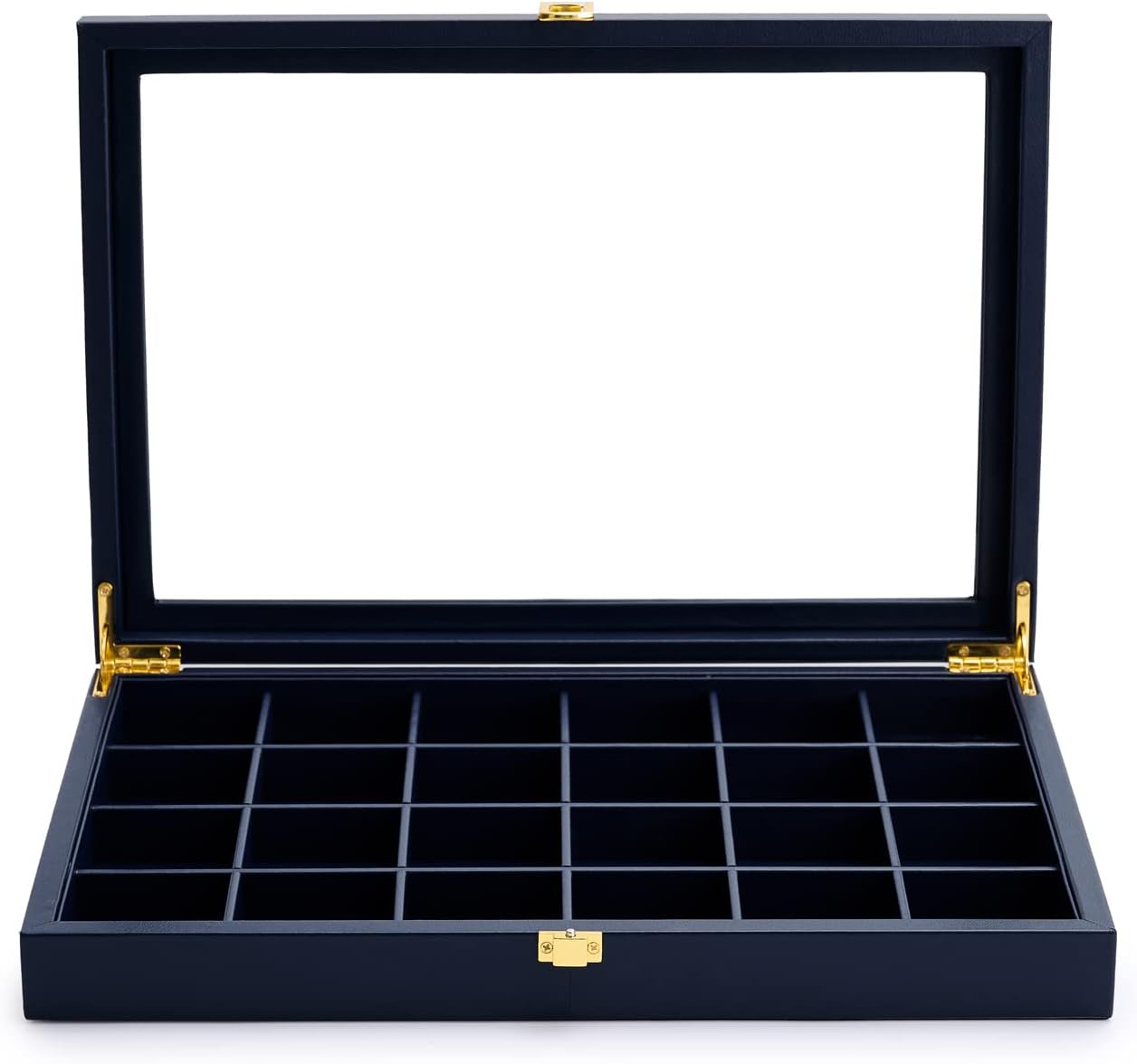 Oirlv Premium Blue Leather 24 Grid Jewelry Tray with Transparent Lid Earrings Rings Organizer Box Stackable Jewelry Box Drawer Inserts Women Gift