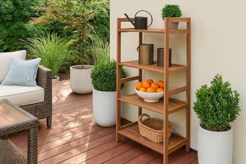 Teak Wood 4-Tier Shelving Unit, Waterproof, Leveling Feet, Teak Oil Finish