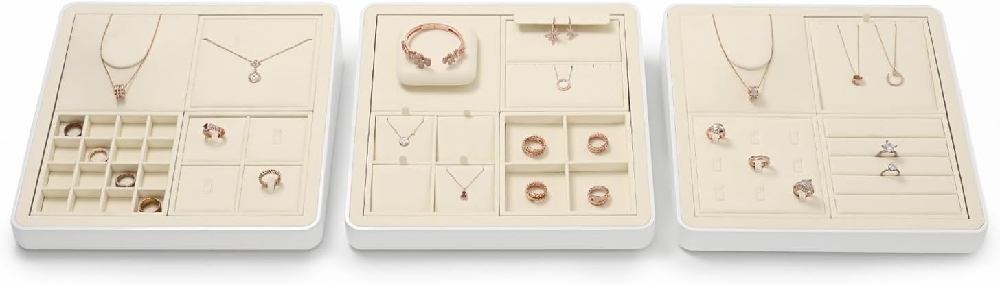 Oirlv Microfiber Stackable 16 Girds Jewelry Trays Jewelry Storage Tray Showcase Display Organizer(Beige)