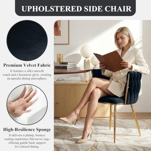 Hand-Woven Dining Chairs Set of 2,Dining Room Chairs with Gold Leg | Velvet E...