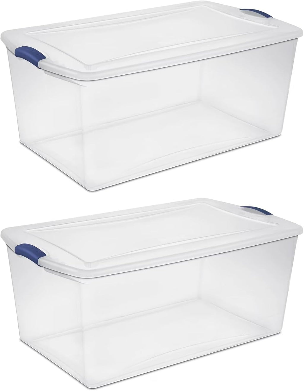 2-Pack 105 Quart Heavy Duty Plastic Storage Bins, Stackable Containers with Clear Lids & Blue Latches for Bedding, Clothing, Holiday Decor - Ideal for Garage & Closet