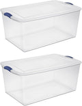 2-Pack 105 Quart Heavy Duty Plastic Storage Bins, Stackable Containers with Clear Lids & Blue Latches for Bedding, Clothing, Holiday Decor - Ideal for Garage & Closet