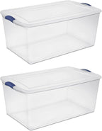 2-Pack 105 Quart Heavy Duty Plastic Storage Bins, Stackable Containers with Clear Lids & Blue Latches for Bedding, Clothing, Holiday Decor - Ideal for Garage & Closet
