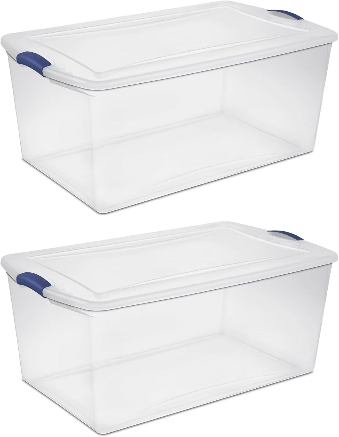 2-Pack 105 Quart Heavy Duty Plastic Storage Bins, Stackable Containers with Clear Lids & Blue Latches for Bedding, Clothing, Holiday Decor - Ideal for Garage & Closet