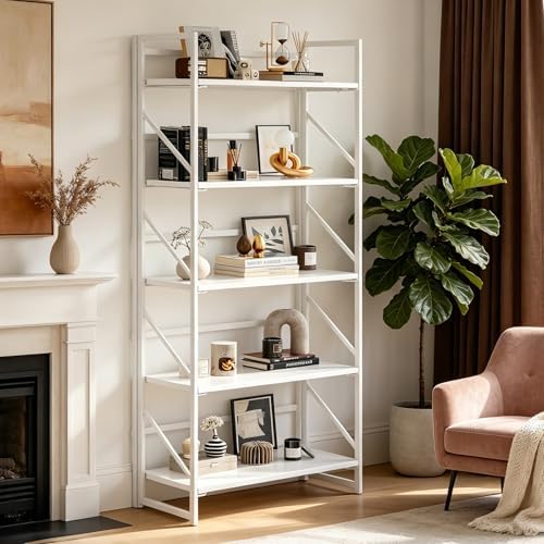 JSB No Assembly Folding Bookshelf, 5 Tier Industrial Metal Book Shelf for Sto...
