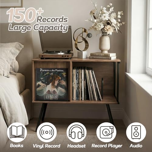 Faesun Record Player Stand with Flip-Down Record Shelf, Walnut | Vinyl Record...
