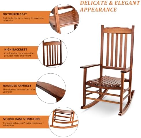 Outvita Outdoor Rocking Chair, Solid Wood High Back Rocker, Natural | All Wea...