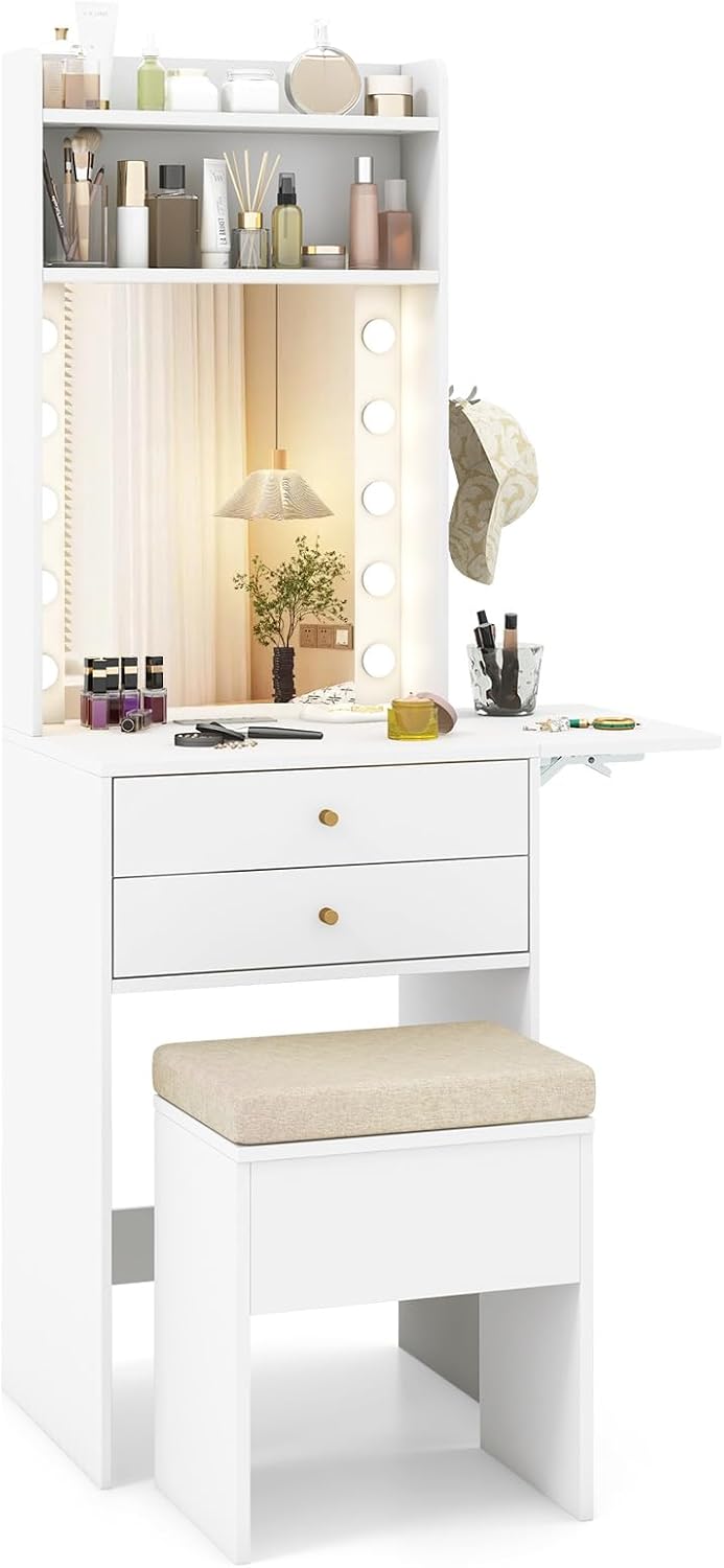 COSTWAY Vanity Desk with Mirror and Lights, Narrow Dressing Table with Foldab...