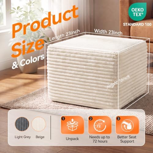 23in Square Pouf Ottoman, Large Corduroy Ottoman Foot Rest with Solid High-De...