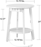 sthmec Round End Table with Charging Station, White LED Small Side Table for Small Space, USB Power Oulets & LED Strip, 2-Tier Round Accent Table Couch Sofa Nighstands for Living Room, Bedroom, White