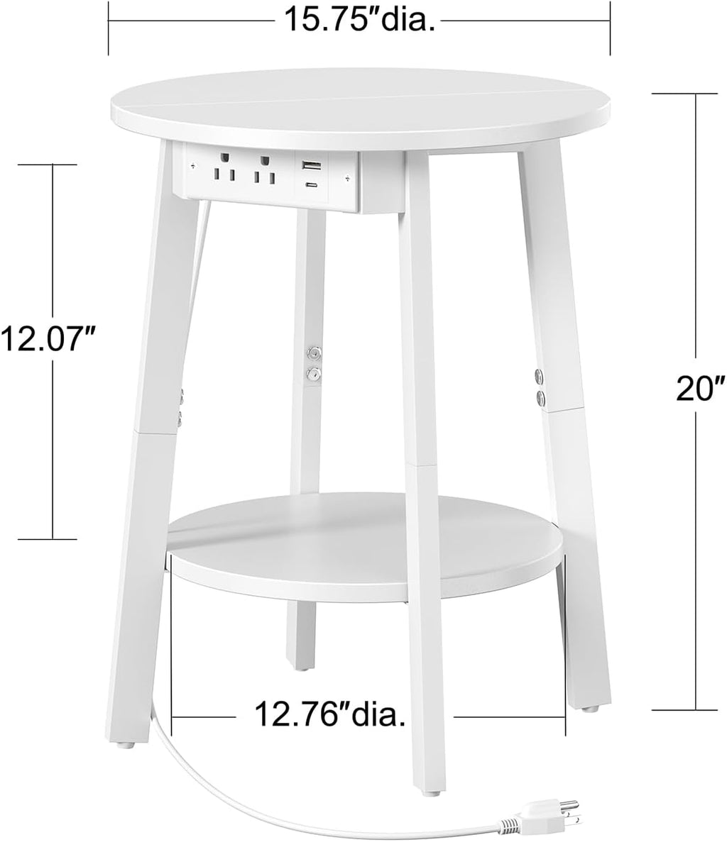 sthmec Round End Table with Charging Station, White LED Small Side Table for Small Space, USB Power Oulets & LED Strip, 2-Tier Round Accent Table Couch Sofa Nighstands for Living Room, Bedroom, White