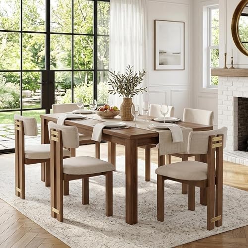 HNY Modern Linen Dining Chairs Set of 6 with Curved Back Support, Beige