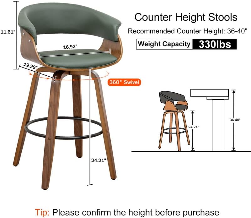 26 Inch Counter Height Stools Set of 2, Mid Century Modern Counter Stool with...