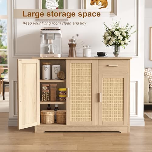 Keehusux Rattan Storage Cabinet with 3 Doors and Drawer, Natural Oak