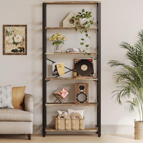 IRONCK Bookshelf, 31.5" Wide 6-Tier Industrial Bookcase, Industrial Brown