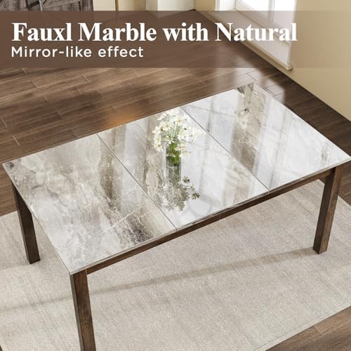 LUXOAK 7-Piece Wood Dining Table Set with Faux Marble Tabletop, Dark Brown