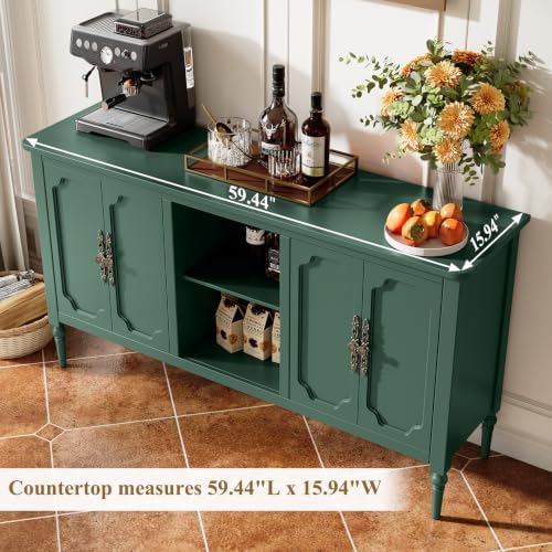 59" Vintage Sideboard Buffet Cabinet with Adjustable Shelves, Green