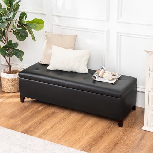 Black Ottoman with Storage Faux Leather Storage Ottoman Bench | 51 Inch Uphol...