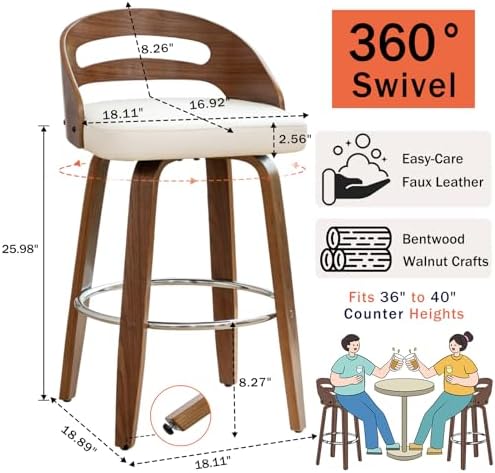 Counter Height Bar Stools, Mid Century Counter Stools with Walnut Finish | Na...
