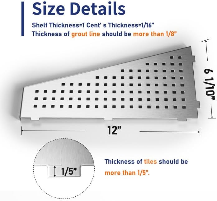 Corner Shower Shelf, Brushed 12" Trapezoid Floating Shelf, 304 Stainless Steel Grid Design Recessed Bathroom Shelf for Tiled Wall, No Drilling
