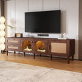 Bellemave Modern TV Stand with LED Lights & Glass Doors, Rattan Media Console with 3 Cabinets & 2 Drawers for up to 80", Solid Wood Entertainment Center for Living Room, Home Theatre (Dark Brown)