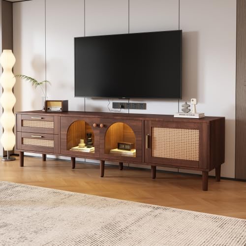 Bellemave Modern TV Stand with LED Lights & Glass Doors, Rattan Media Console with 3 Cabinets & 2 Drawers for up to 80", Solid Wood Entertainment Center for Living Room, Home Theatre (Dark Brown)