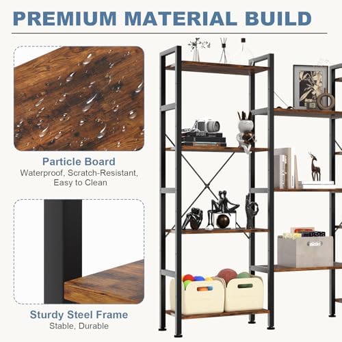 DUMOS Triple Column 4 Tier Bookshelf, Wide Industrial Bookcase, Brown