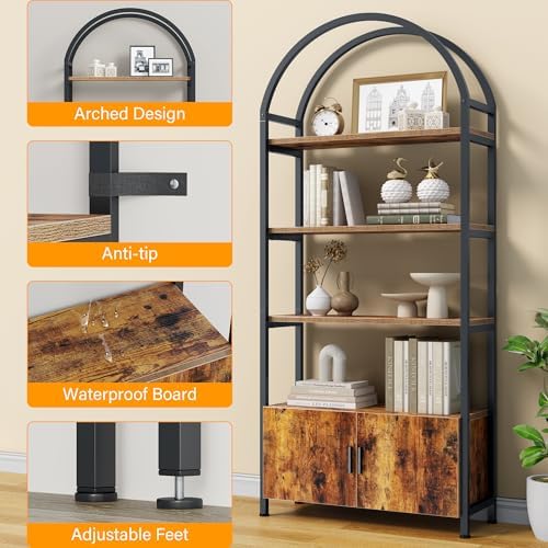 Jehiatek Arched Bookshelf with Storage Cabinet 71 Inch Tall Industrial Bookca...