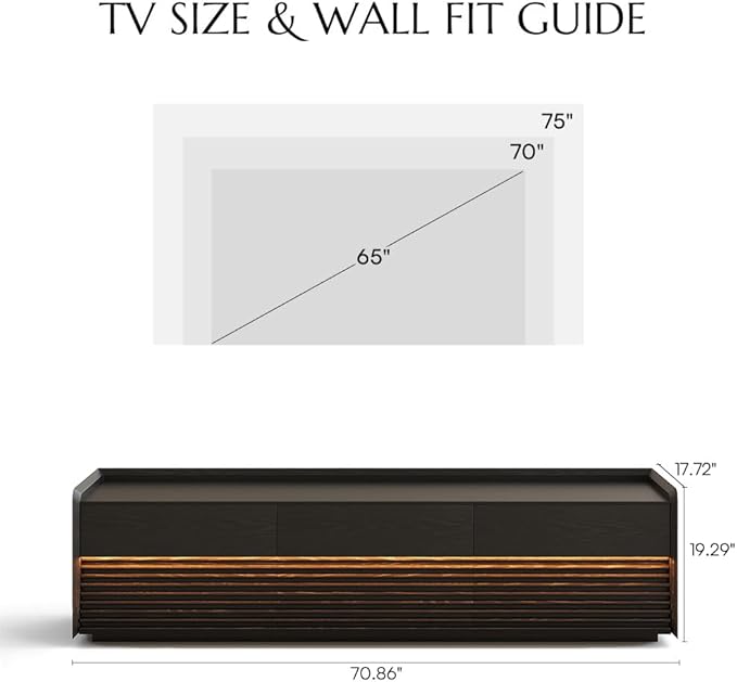 POVISON Fully-Assembled Mid Century Modern TV Stand, 70.87" Entertainment Center with LED Light, Black Walnut Solid Wood TV Console for Living Room, TV Stand with Storage