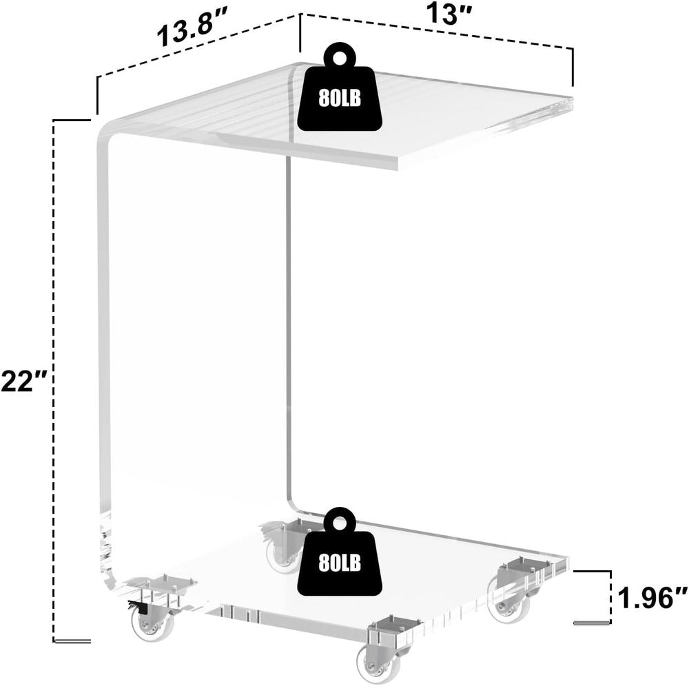 Acrylic Side Table with Wheels, Movable C Shaped Sofa Table with Storage, Rol...