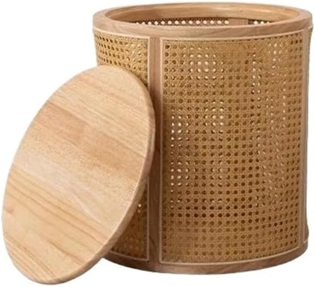 Round Wood Rattan Side Table Japanese Style Small Coffee Table with Storage B...