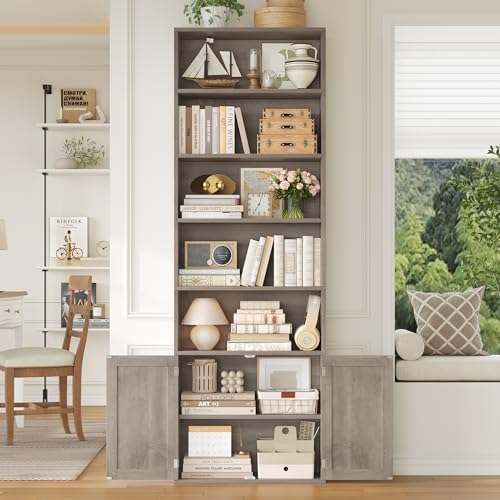 FACBOTALL 82" Tall Bookcase, Farmhouse Bookshelf with Doors, Gray