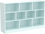 IOTXY Open Shelf Low Bookcase - Wooden 3-Tier Floor Standing Display Cabinet Organizer with Base, 10 Cubes Short Horizontal Bookshelf in Tiffany-Green