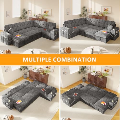 Modular Sectional Sleeper Sofa with Pull Out Bed, 108 Inch U Shaped 7 Seat Co...