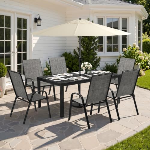7PCS Patio Dining Set, Steel Table & 6 Textilene Chairs, Charcoal