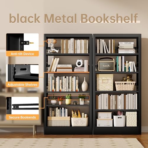 5-Tier Bookcase with Adjustable Storage Shelves, Heavy Duty Bookcase, Metal B...