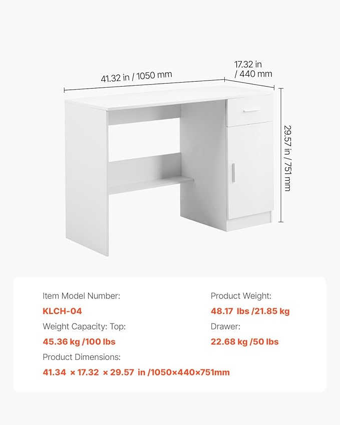 VEVOR Small Desk with Drawers, Wooden Table for Home Office, Small Computer Desk with Storage, Vanity Desk with Drawers, Study Table for Adults/Students for Drawing, Reading, Writing, White